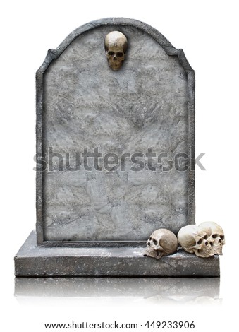 Tombstone with skull isolated on white background, copy space and clipping path. Royalty-Free Stock Photo #449233906