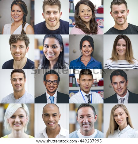 Collage made of sixteen headshots of adults. They are a mix of genders, ages and ethnicities. Royalty-Free Stock Photo #449237995