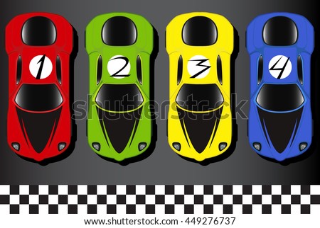 set of varicolored racing cars with number on the top. vector illustration