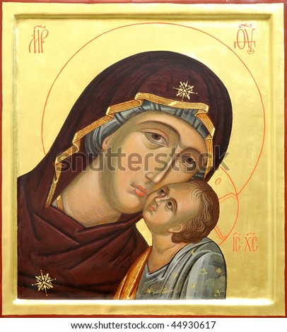 The Icon a Mother of God (Mary) and child (Jesus Christ) on gilding wood