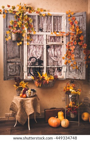 House decorated for Halloween holiday. Shot made in photo studio. Image toned