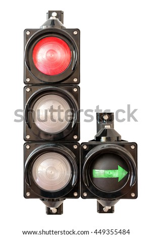 Traffic lights red light with green arrow, isolated on white background