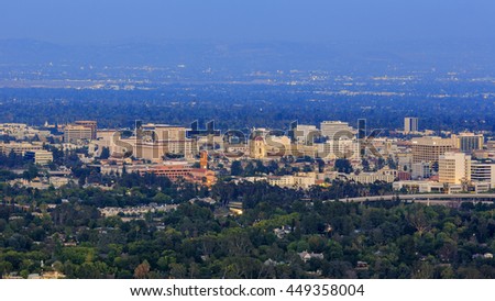 The beautiful Pasadena City hall and Pasadena downtown view around sunset time Royalty-Free Stock Photo #449358004