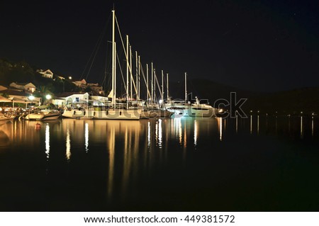 night photography of sailboats at Ithaca port Ionian islands Greece