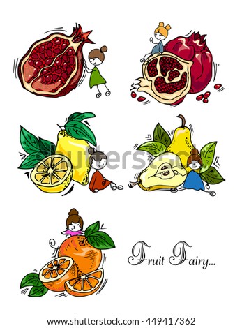 Hand drawing. Illustration of fruits and fruit fairy. Seamless pattern.