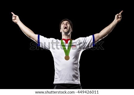 American Athlete Winning a golden medal on a black Background.
