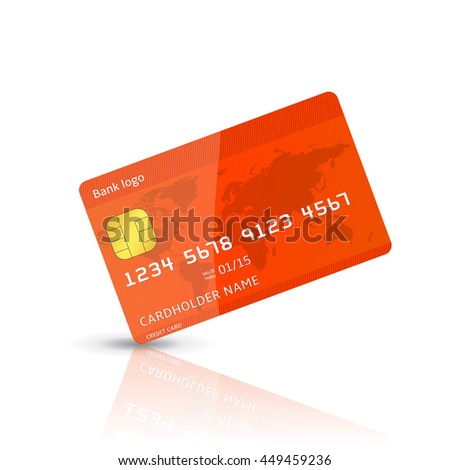 Detailed vector realistic illustration of a plastic credit card isolated on white. red vector plastic card with shadow and reflection