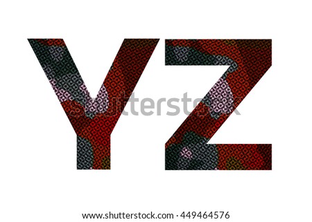 English alphabet with red and black fabric texture isolated on white background.