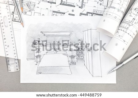hand-drawn illustration of bedroom interior with drawing tools and blueprints on desk