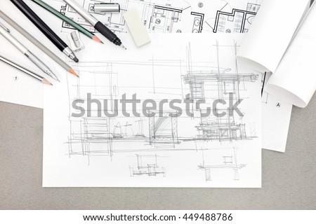 concept of home renovation architectural sketch with drawing tools, top view