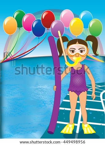 Vector Illustration of Snorkel Girl at pool party with balloons.