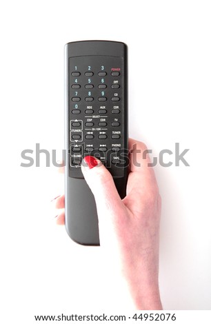 Hand holding channel changer on white background.