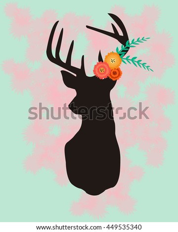 Silohuette deer with flowers and watercolor background