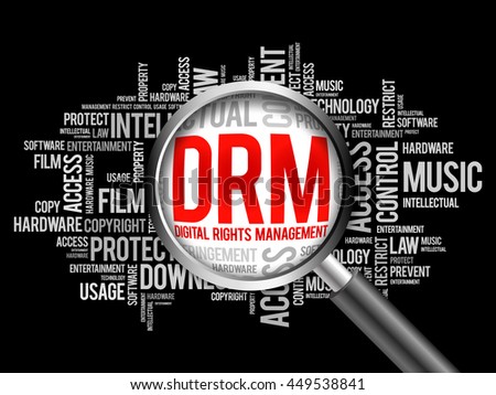 DRM - Digital Rights Management  word cloud with magnifying glass, business concept 3D illustration