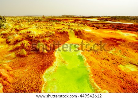 Dallol geothermical area, in the Danakil Depression in northern Ethiopia. Beautiful landscapes in the hottest desert on earth averaging 37 degrees year round. See sulfur, potassium and other minerals.