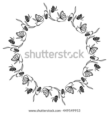 Elegant round frame with butterflies. Vector clip art.