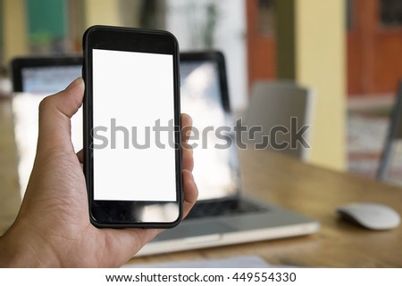woman using smartphone white screen. hand holding smartphone. beautiful woman using mobile phone. black color smartphone. vintage tone.
