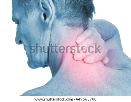 Man touching back of spine.Pain concept.Isolated on white