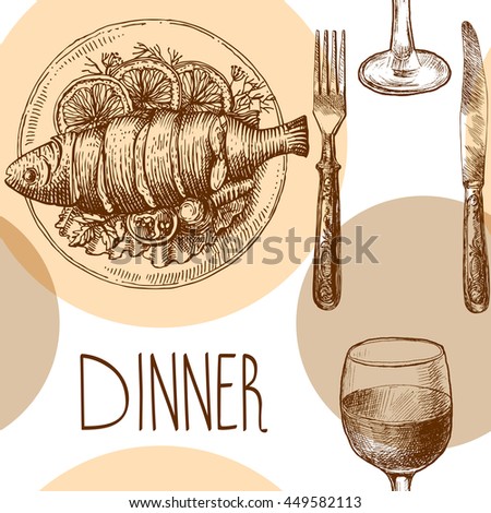 Beautiful hand drawn illustration sketching of dinner. Fish and wine. Use for postcards, menu.