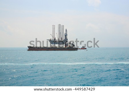 Aerial View of Offshore Jack Up Drilling Rig in The Middle of The Ocean:Selective focus with shallow depth field.

