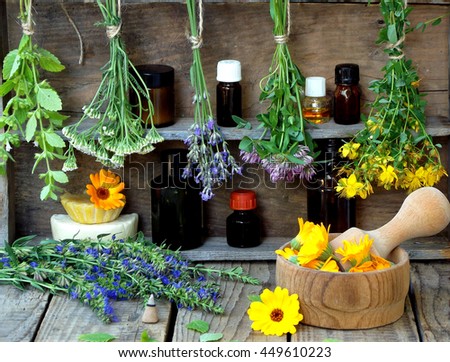 bunches of healing herbs - mint, yarrow, lavender, clover, hyssop, milfoil, mortar with flowers of calendula and bottles, herbal medicine
