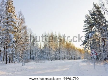 Winter forest road and the sign of a dangerous turn