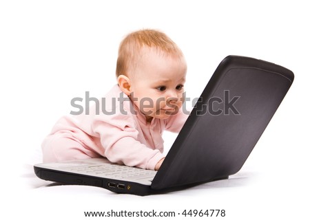 little computer genius baby girl with laptop
