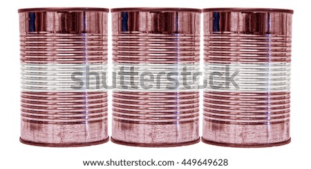 Three tin cans with the flag of Latvia on them isolated on a white background.