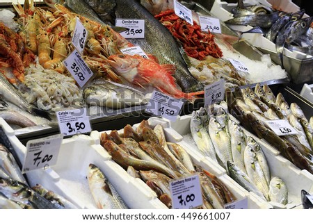 Fresh fish on display ready for sale in the market of the city.