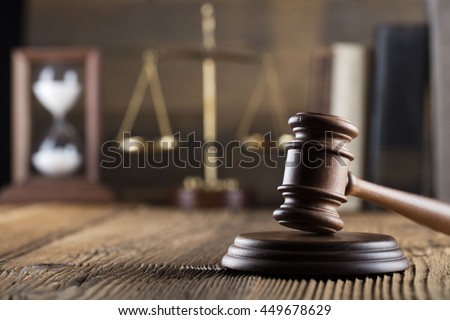 Mallet, legal code and statue of justice. Law concept, studio shots Royalty-Free Stock Photo #449678629
