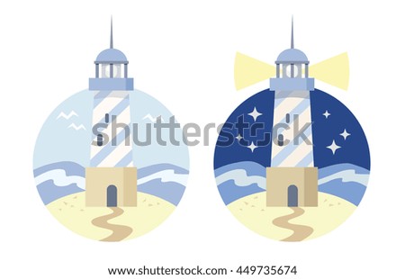 The image of a lighthouse in the sea. Day and night. Flat icon. Vector. Blue, yellow colors.