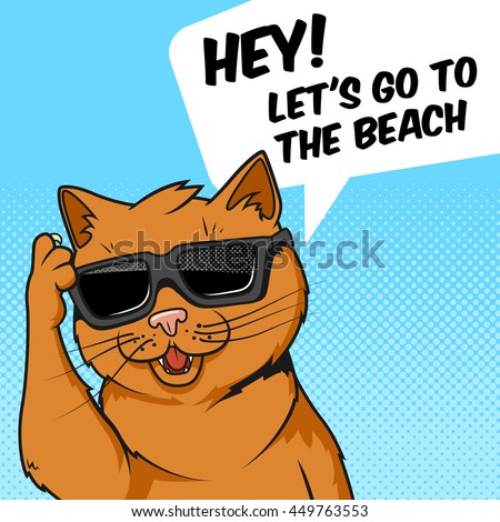 Cartoon ginger cat in sunglasses raster illustration. Comic book style imitation.