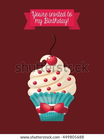 Happy birthday and dessert concept represented by cupcake icon with ribbon. Colorfull and flat illustration. 