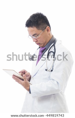Doctor using a digital tablet on white background