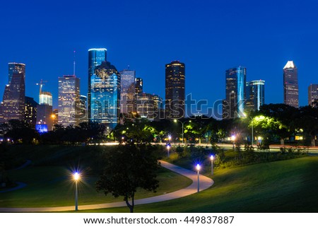 A beautiful view of downtown Houston at night Royalty-Free Stock Photo #449837887