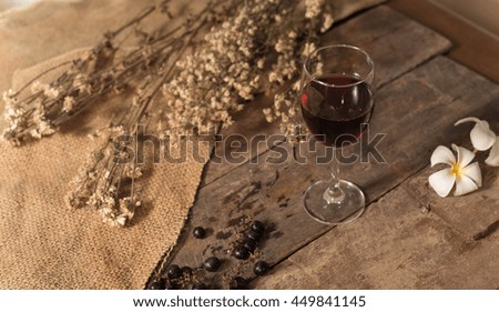 Glass of Red Wine on the wooden table,vintage style