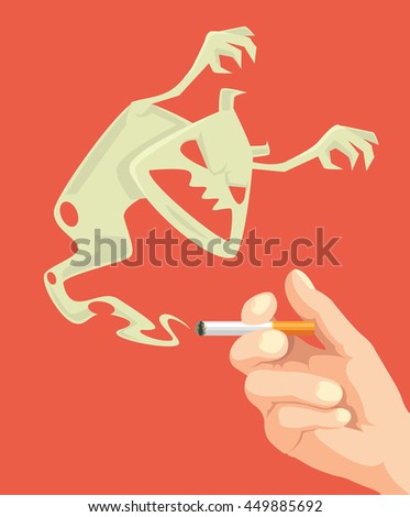 Hand hold cigarette. Cigarette monster attacks. Vector flat cartoon illustration