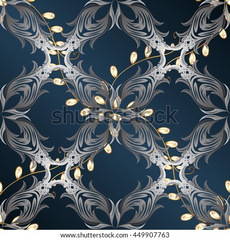 Vintage pattern on blue gradient background with golden and silver elements.