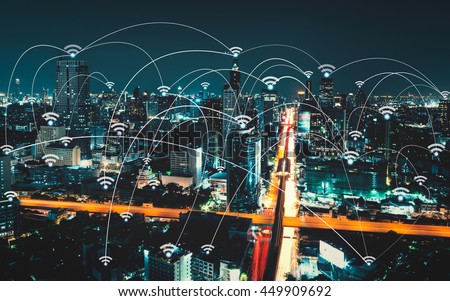 Wifi icon and city scape and network connection concept, Smart city and wireless communication network, abstract image visual, internet of things Royalty-Free Stock Photo #449909692