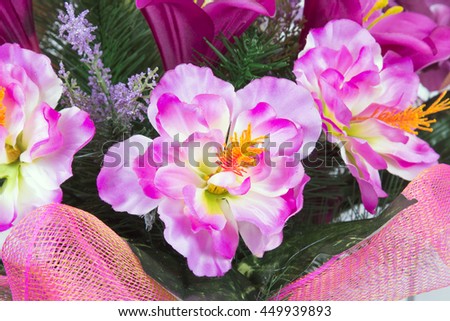 closeup of a bouquet of artificial flowers