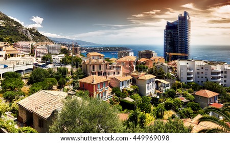 Principality of Monaco, seen inward. Cote d'Azur, architectural beauty. Old buildings perfect combined with skyscrapers. Landscape picture.