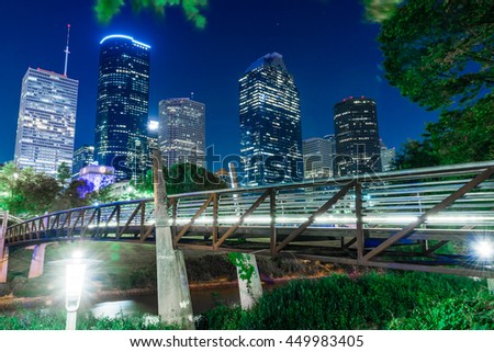 A beautiful view of downtown Houston USA in summer night Royalty-Free Stock Photo #449983405