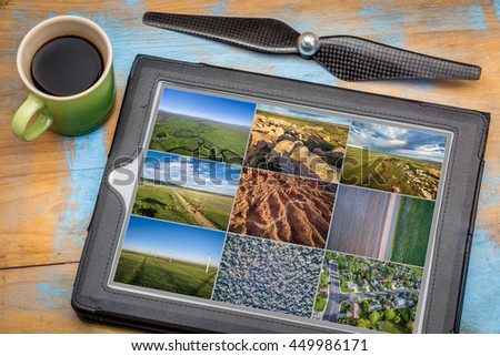 Reviewing and editing aerial pictures on a digital tablet with a cup of coffee - natural, urban and agriculture landscape. All screen pictures copyright by the photographer.