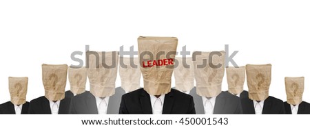 Group of businessman suit with brown paper bag on head, leadership concept