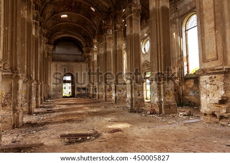 Ruins of ancient Lutheran church in Odessa, Ukraine. Historic building in 1803 built first German settlers destroyed by vandals of proletariat during revolution in Russia in 20th century. Royalty-Free Stock Photo #450005827