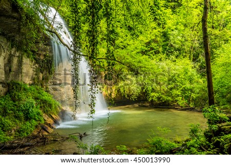 Beautiful waterfall in the wilderness (Salt del Roure,Garrotxa, Catalonia, Spain.