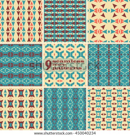 Set of 9 seamless retro patterns. Beautiful graphic prints with triangular and trapezoidal elements. Abstract geometric ornaments in vintage colors. Vector illustration for stylish creative design