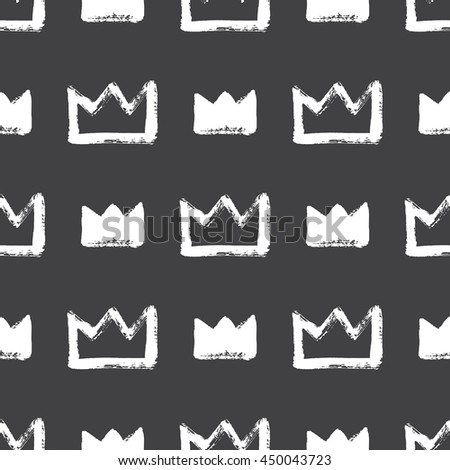 Brush or chalk drawn textured crown seamless vector pattern. Rough, artistic edges. Cute, creative corona illustration. Abstract background.