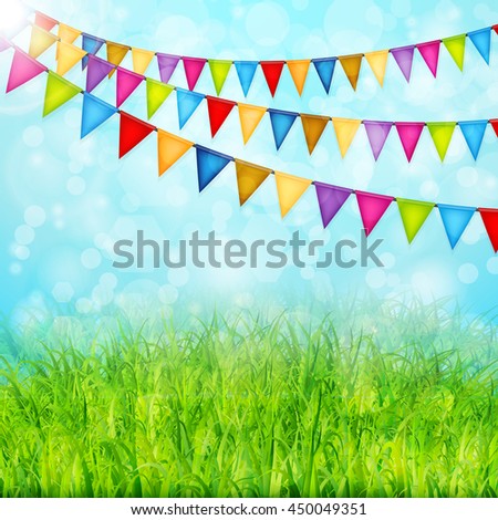 Greeting card with colorful flags and green grass vector