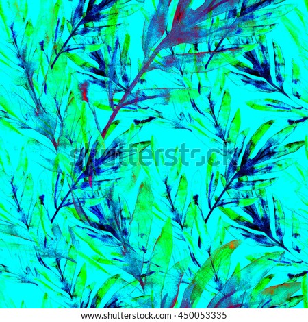 Tropical leaves seamless pattern on painted background. Watercolor greens leaves of exotic monstera plant and palm tree. Hand paint swimwear pattern. Artistic modern style illustration
